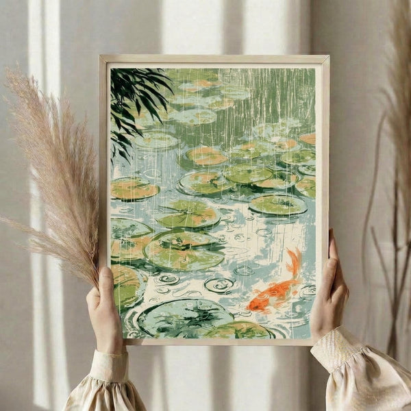 Serene framed art print depicting koi and water lilies beneath gentle rain in a tranquil garden, executed in traditional woodblock aesthetic with cream and black accents.