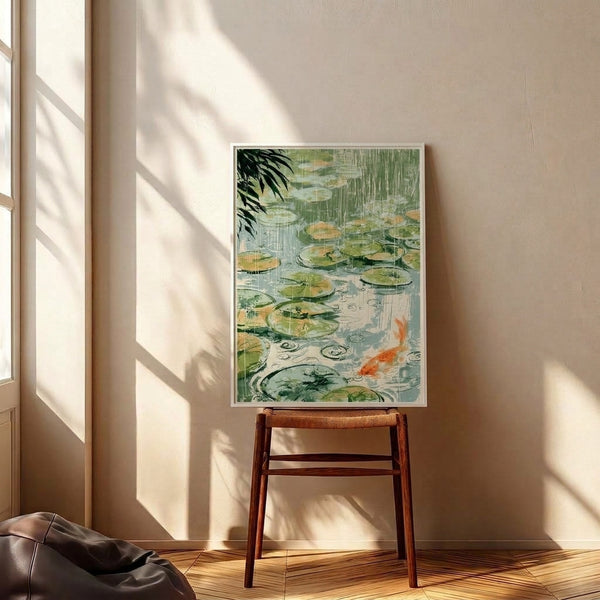 Japandi wall art featuring koi fish gliding through a meditative rainscape with floating lily pads and bamboo, done in soft blue and sage green woodblock style.