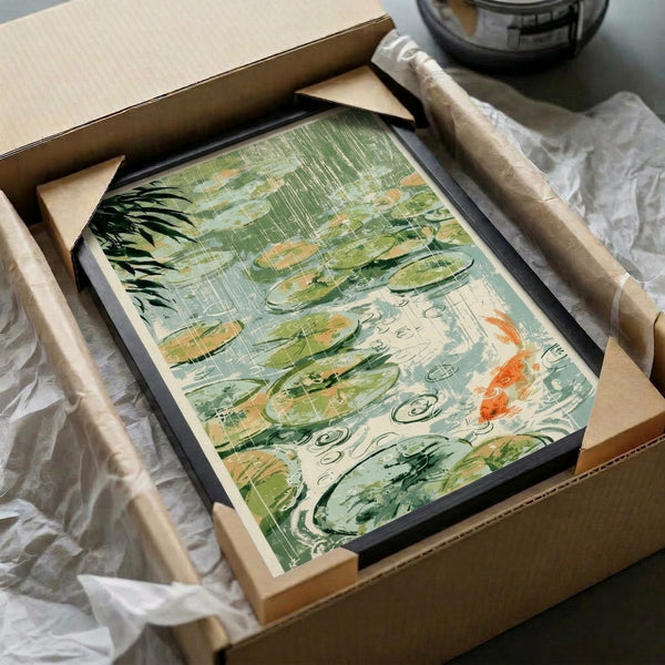 Contemplative framed poster showing koi pond in rainfall with water lilies and bamboo, rendered in warm burnt orange and cool tones using Japanese woodblock printmaking technique.