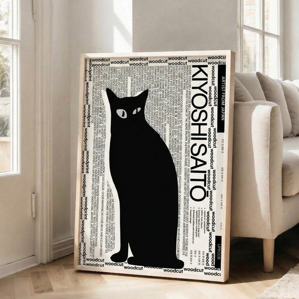 Graphic woodcut-style poster of a cat in black and white with minimalist linework, creating elegant feline forms.