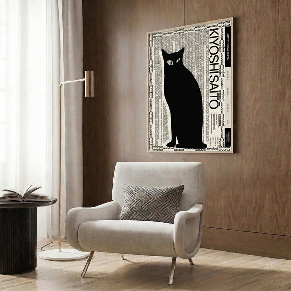 Black and white cat woodcut poster displaying clean, artistic linework with a contemporary minimalist aesthetic on a wall.