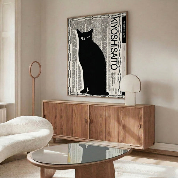 Elegant cat art print in minimalist black and white, rendered with graphic woodcut-style lines and displayed as a framed wall poster.