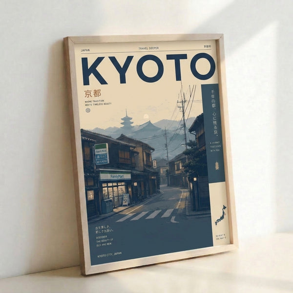 Vintage-style Kyoto cityscape poster showing traditional architecture and a temple pagoda silhouetted against a golden moon, with muted sage and slate blue color palette.