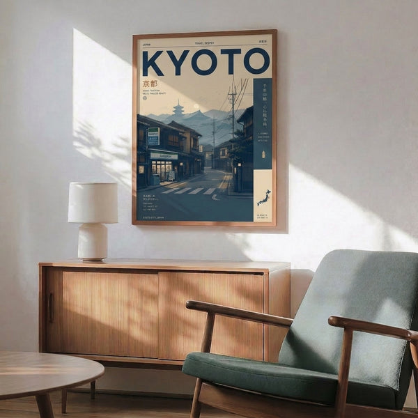 Japandi-inspired travel poster of a historic Kyoto street at dusk, blending traditional temple imagery with modern retro design in soft cream, slate blue, and sage green hues.