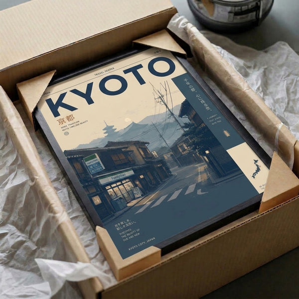 Nostalgic retro art print of a Kyoto twilight street with traditional pagoda temple, urban buildings, and glowing storefront rendered in cream, warm yellow, and slate blue.