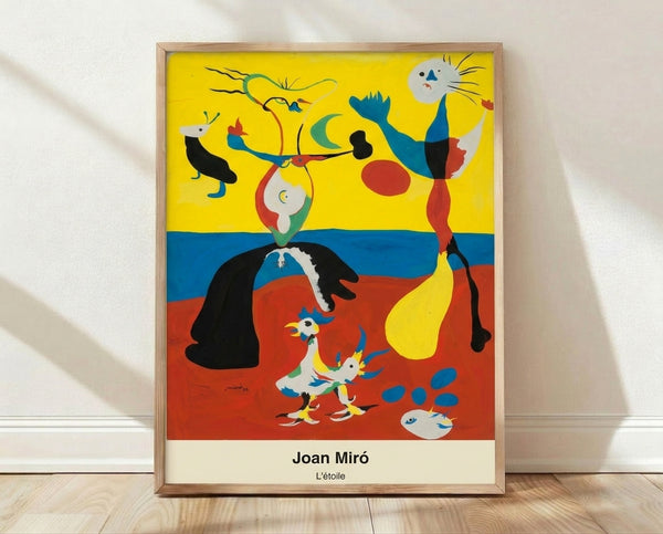 Abstract surrealist framed poster featuring a stylized star and organic figure in black, red, white, and blue on a dreamlike composition inspired by Joan Miró.