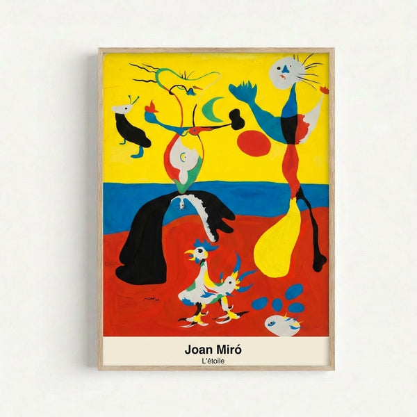 Modern art print with whimsical surrealist elements including a star and abstracted form in bold black outlines and vibrant red and blue tones.
