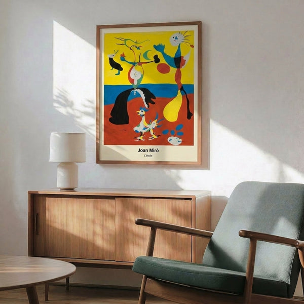 Framed contemporary art print in abstract surrealist style featuring a celestial star motif and biomorphic form with black, red, white, and blue colors.