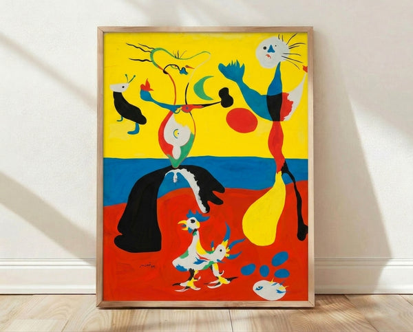 Abstract surrealist poster featuring organic shapes and bold lines in black, red, and blue tones on a cream background, evoking a dreamlike cosmic scene.