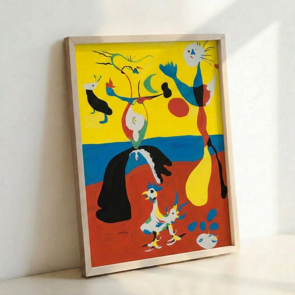 Surrealist artwork displaying fluid abstract shapes in contrasting hues of red, black, and blue against a light neutral ground, creating a playful composition.
