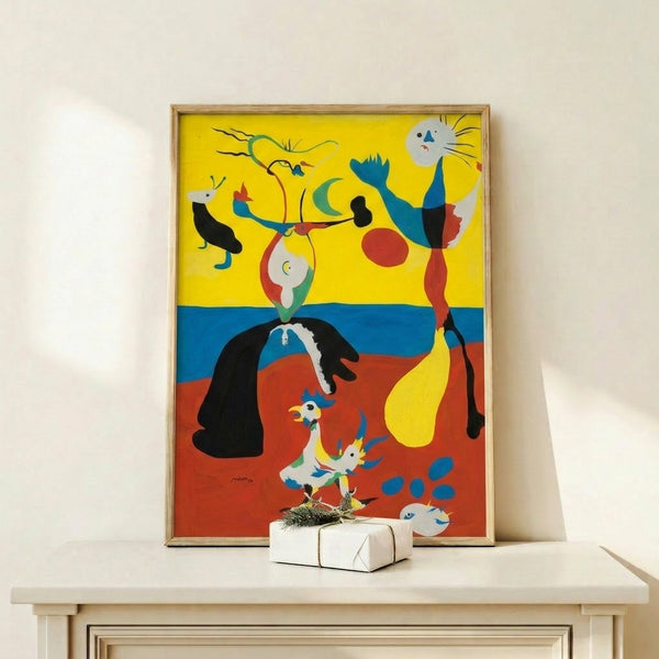 Contemporary wall art poster in cubist style with interconnected organic forms and primary color accents, reminiscent of modernist master works.