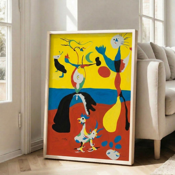 Abstract framed print featuring whimsical biomorphic shapes rendered in bold primary colors and black lines on a pale background.