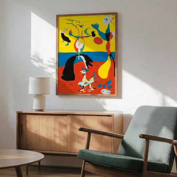 Modernist art poster with dynamic abstract composition combining geometric and flowing organic forms in rich reds, blues, and blacks.