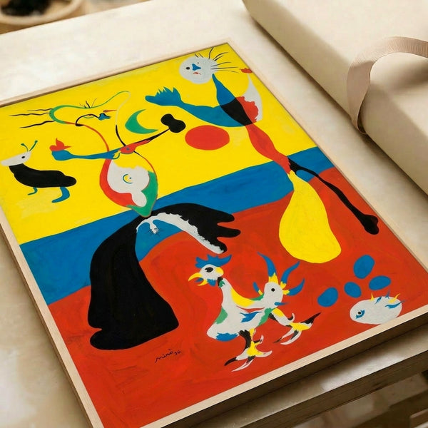 Surrealist wall art displaying imaginative abstract forms and playful line work in contrasting colors on a minimalist cream backdrop.