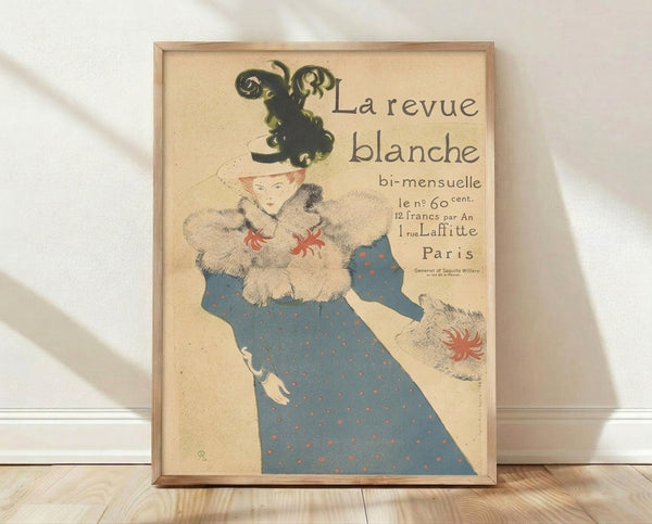 Art Nouveau poster featuring an elegant woman in a cream dress with teal accents, wearing a feathered hat and fur collar, rendered in sophisticated black and rust tones.