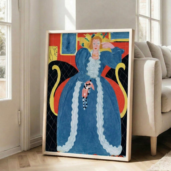Wall-mounted poster of a contemplative lady dressed in striking blue, set against an intricately patterned backdrop of warm terracotta and gold tones in a simplified, expressive style.