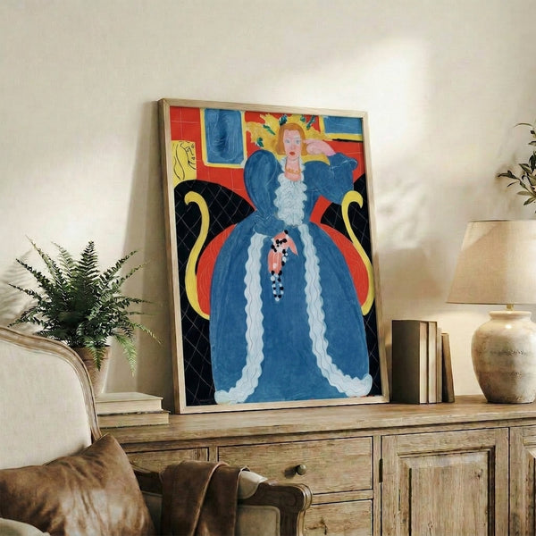 Matisse's iconic composition of a figure in deep blue tones framed on a wall, featuring the artist's signature approach to color and form with decorative background elements.
