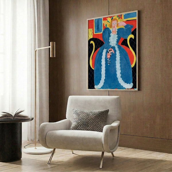 Framed art print depicting a graceful woman in luminous blue with surrounding warm-toned patterns and ornamental details, showcasing modernist painting techniques.