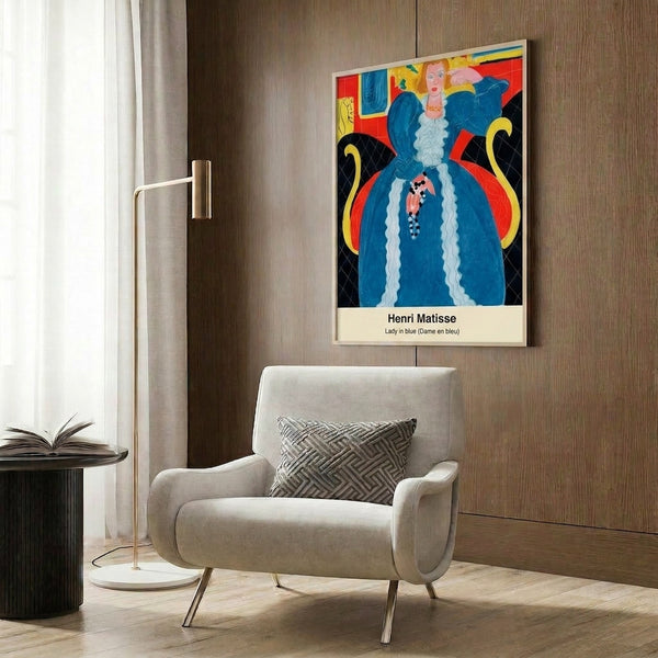 Framed midcentury modern art print of a peaceful woman in blue interior setting with palm tree details, open coastal vista, and sophisticated pattern work in blue and warm gold tones.