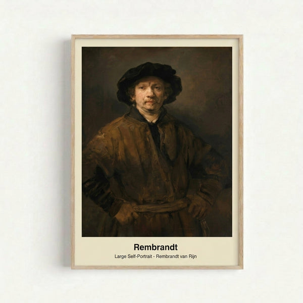Impressionistic self-portrait painting on framed poster showing a man's face with ochre and golden hues against dark shadows, conveying introspective mood and classical dignity.