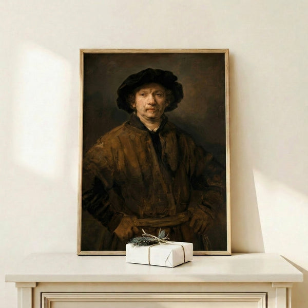 Bearded man's portrait in warm browns and golds on framed poster art, painted in contemplative impressionistic style with dramatic shadow work and dignified bearing.