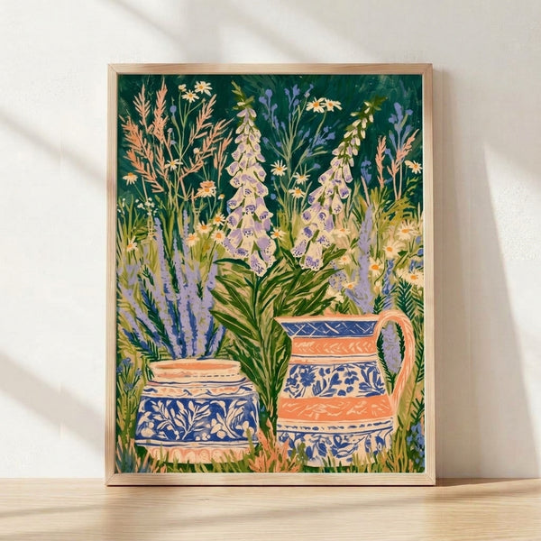 Watercolor botanical poster featuring foxglove and daisy flowers arranged in vintage pitchers, rendered in soft lavender, coral, and deep green tones with a serene cottagecore aesthetic.
