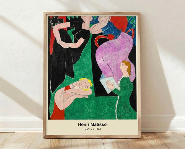 Vibrant abstract poster featuring bold geometric shapes in deep blue, warm ochre, soft green, and cream, evoking Matisse's expressive modern style.
