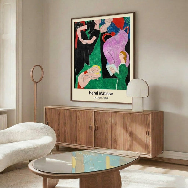Bold abstract poster with vibrant interplay of deep blue, warm ochre, and soft green shapes, exemplifying expressive modern art.