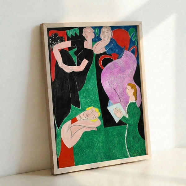 Colorful abstract artwork in the Matisse style showing simplified figures and shapes in saturated hues of blue, yellow, orange, and red.