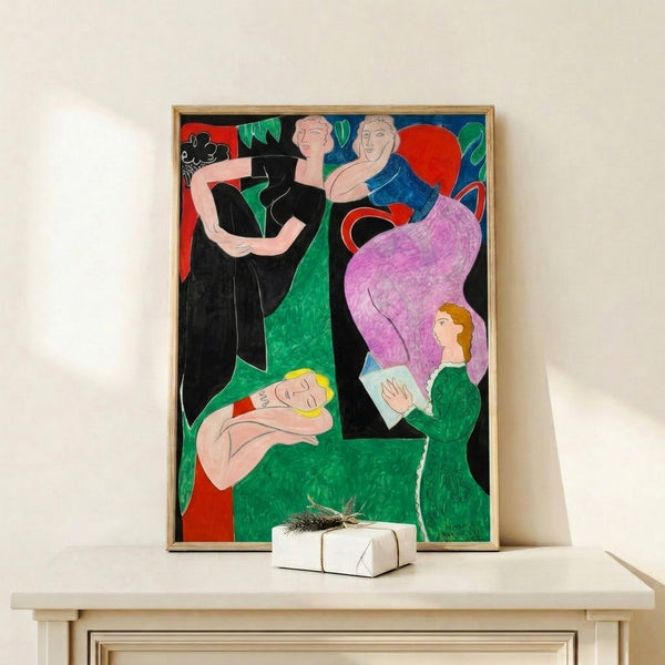 Framed contemporary art print with playful geometric and curved forms rendered in vivid primary colors and pastels.