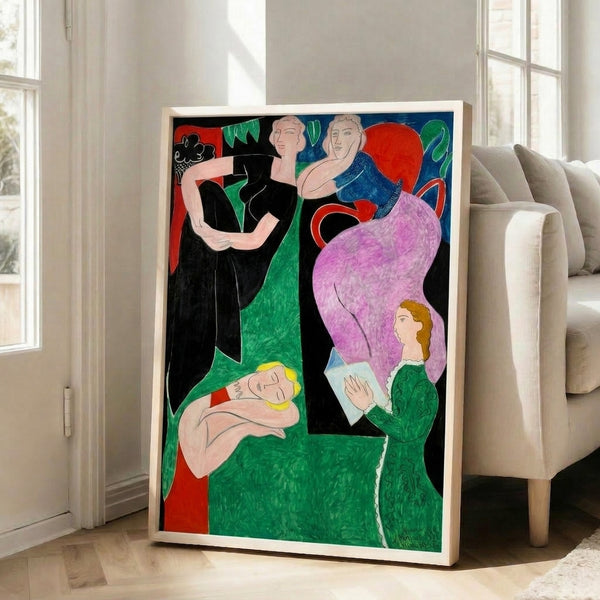 Abstract composition featuring expressive shapes in bold contrasting colors—deep blues, warm yellows, and vibrant reds—ideal for modern interiors.