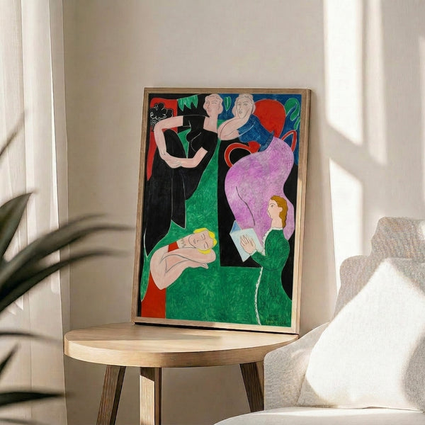 Wall art print with jubilant abstract forms in a bright palette of complementary colors, evoking a sense of movement and celebration.