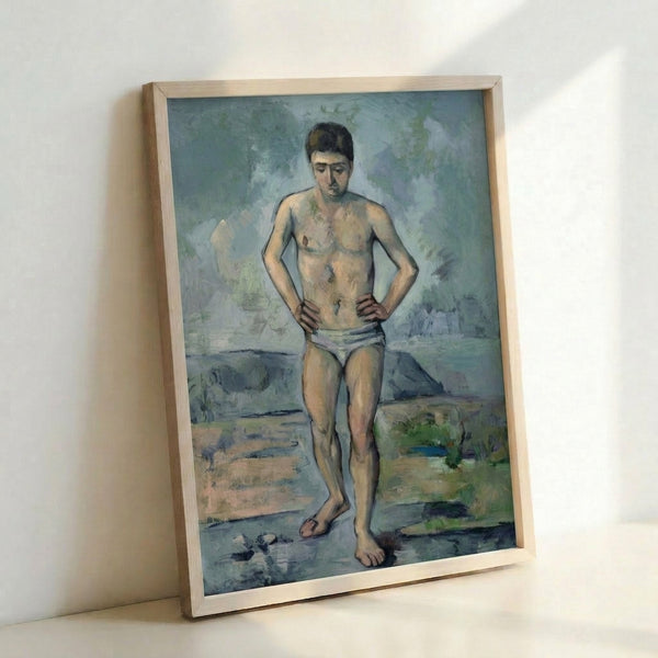 Contemplative bather composition with warm peachy and brown hues, painted in delicate watercolor brushstrokes, framed as gallery wall art.