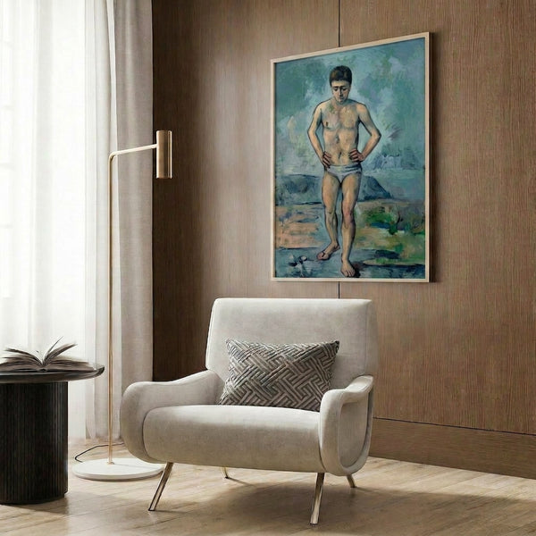 Serene figure study in soft ochre and brown watercolor, evoking contemplative mood, presented as a framed art print for home display.