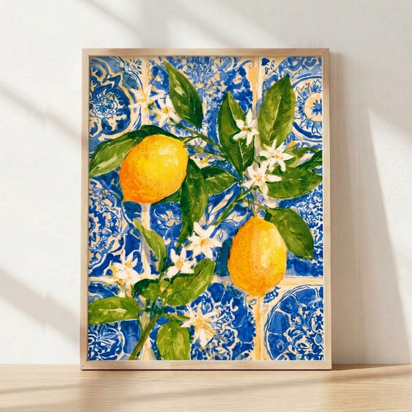 Elegant watercolor poster featuring golden lemons and delicate flowers arranged on a deep cobalt blue tiled background in Art Nouveau style, framed on a wall.