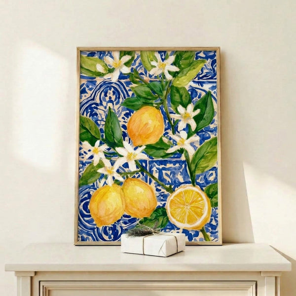 Art Nouveau-inspired framed poster displaying cheerful lemon citrus fruits and cream-colored flowers with flowing green foliage against deep blue, evoking a calming Mediterranean garden aesthetic.