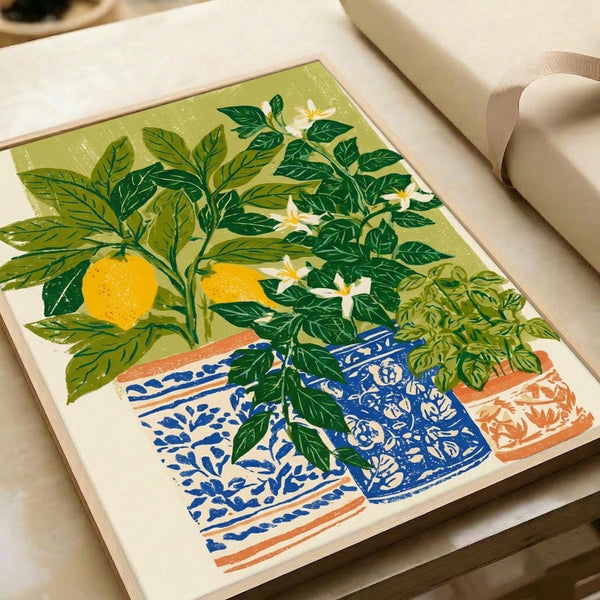 Framed nature-inspired poster showing a lemon plant in a cobalt blue planter, combining retro styling with Japandi minimalism in warm cream, green, and yellow tones.