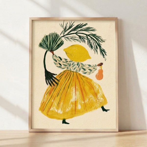 Watercolor painting of a faceless woman with a lemon for a head, wearing a cream and yellow dress adorned with green palm leaves, framed on a wall.