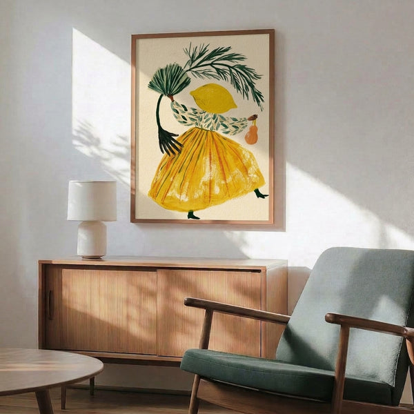 Whimsical watercolor art print featuring a stylized female figure with citrus fruit head and botanical leaf details in soft yellows, greens, and cream tones.