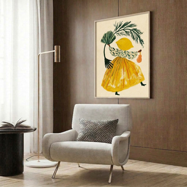 Fresh summery watercolor poster of an abstract woman with lemon imagery and organic foliage elements in warm yellows and cool greens, displayed as framed wall art.