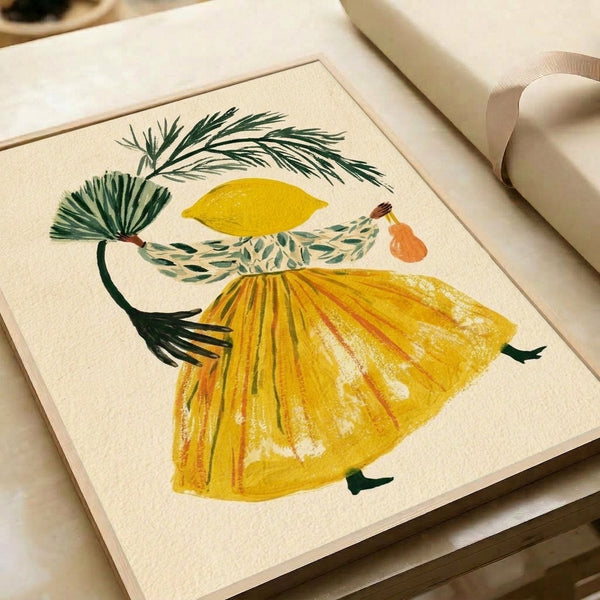 Botanical watercolor portrait of a faceless woman with citrus and pear motifs, layered with palm and decorative leaves in a cheerful cream, yellow, and green palette.