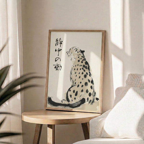 Zen-inspired framed leopard artwork rendered in minimalist ink style with subtle gray and black tones, evoking quiet contemplation.
