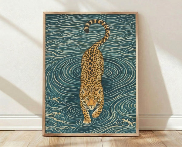 Minimalist line art framed poster depicting a leopard amid swirling teal and cream waves in Japanese woodblock style, evoking a meditative and fluid mood with touches of gold and black.