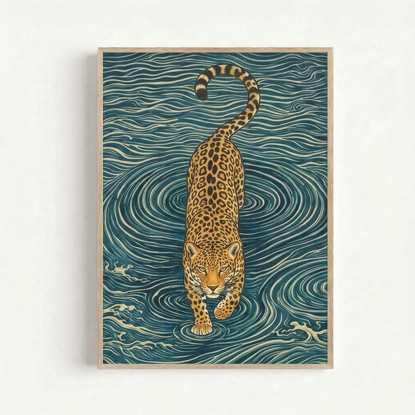 Framed art print showing a contemplative leopard surrounded by flowing water patterns in teal, cream, and gold, rendered in delicate minimalist line work inspired by traditional Japanese aesthetics.