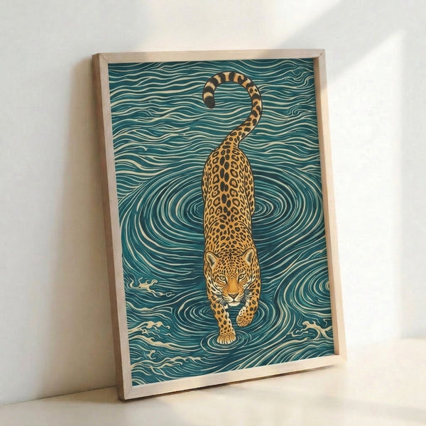Zen-inspired framed poster featuring a leopard immersed in ornate swirling waves, combining minimalist line art with a serene palette of teal, cream, black, and gold accents.