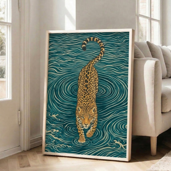 Meditative leopard wall art in Japanese woodblock style, capturing the animal gracefully within fluid, swirling water forms in teal and cream with gold highlights, executed in minimalist linework.