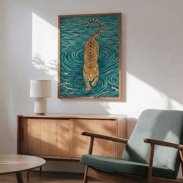Contemplative framed art print combining a leopard figure with ornate wave patterns in a Japanese woodblock aesthetic, using a serene palette of teal, cream, black, and gold in minimalist line style.