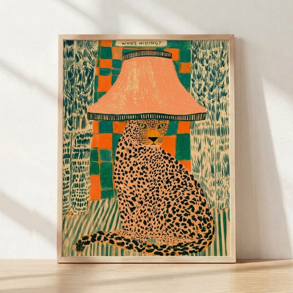 Retro pop art poster featuring a quirky leopard peeking out from behind a teal green lamp with an orange hat, rendered in folk art style with cream and black accents.