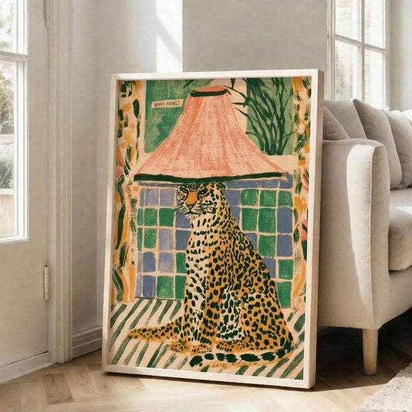 Retro folk art poster of a playful leopard hiding in a tent amid lush botanicals, blending vintage aesthetics with cozy whimsy in coral, slate blue, and earthy green hues.