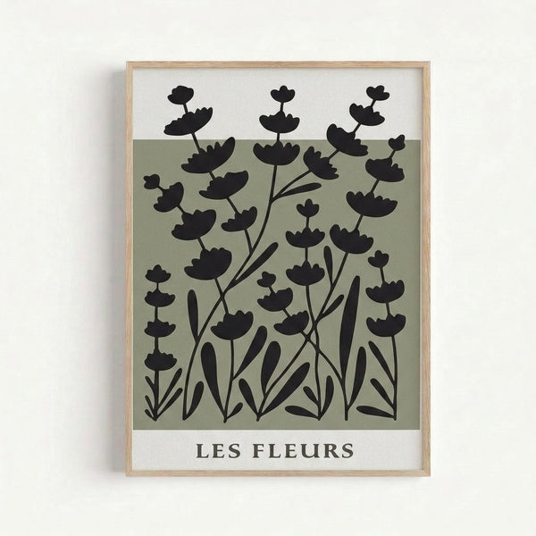 Framed art print featuring understated botanical illustration in soft sage green and black, calm wabi sabi aesthetic for modern home.